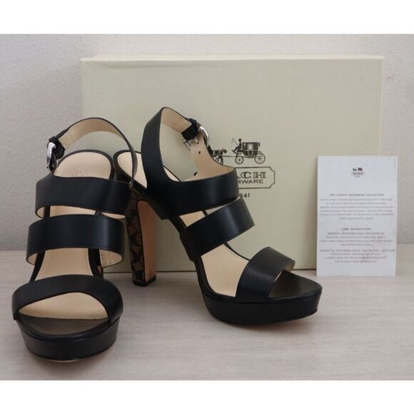 Coach Q1375 Women's Sz 10B Black Bertta Vachetta Leather Heeled Sandals - Picture 1 of 13
